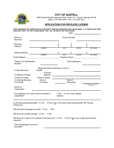 First page of the Application for Privilege License / Alcoholic Beverage License