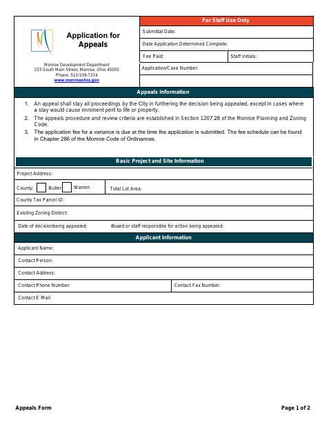 First page of the Appeals Application