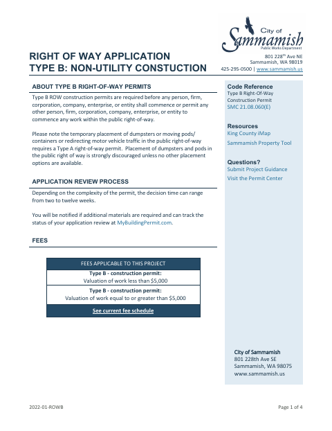 First page of the Right of Way Application Type B: Non-Utility Construction
