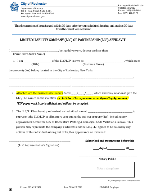 First page of the Limited Liability Company or Partnership Affidavit