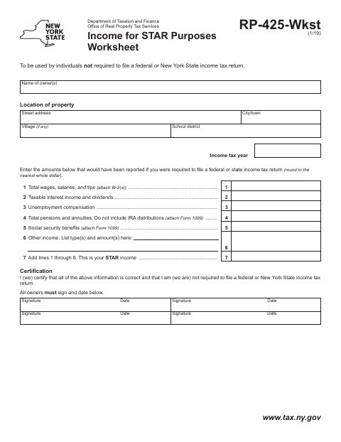 First page of the Income for STAR Purposes Worksheet