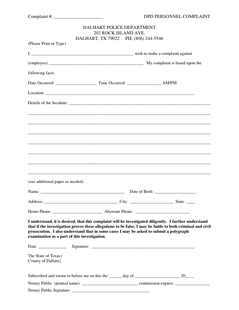 First page of the Dalhart Police Department Personnel Complaint Form