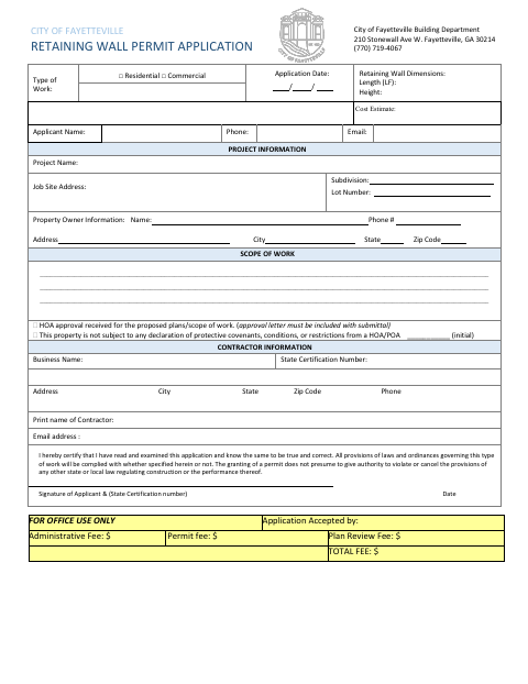 First page of the Retaining Wall Permit Application