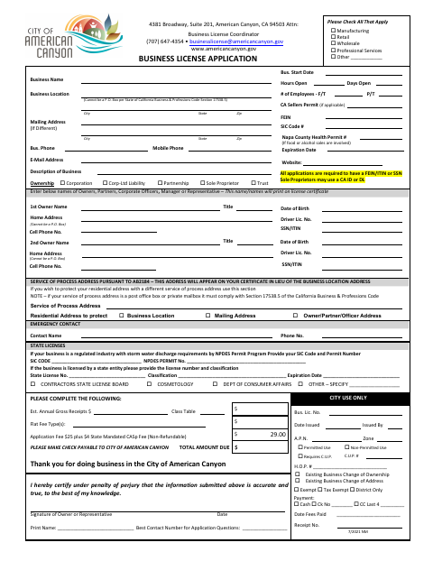 First page of the Business License Application