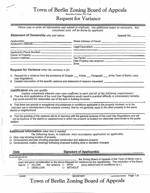 First page of the Request for Variance