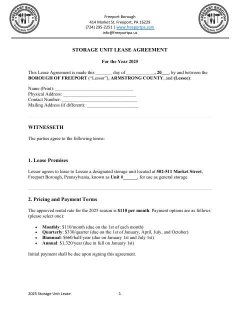 First page of the Storage Unit Lease Agreement
