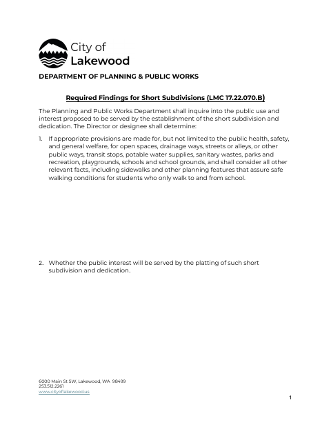 First page of the Required Findings for Short Subdivisions