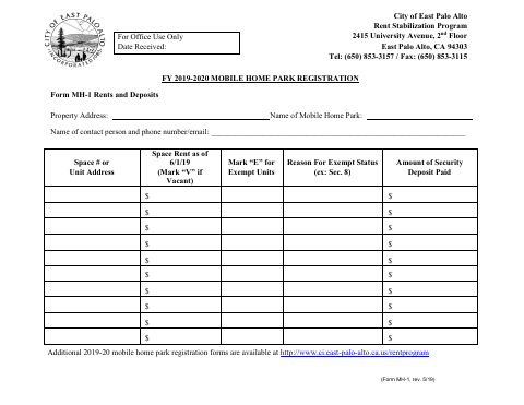 First page of the Mobile Home Park Registration Form MH-1: Rents and Deposits