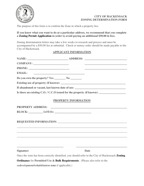 First page of the Zoning Determination Form