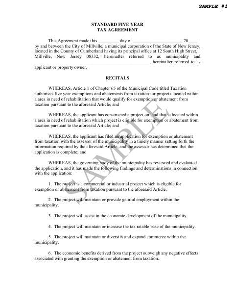 First page of the Standard Five Year Tax Agreement