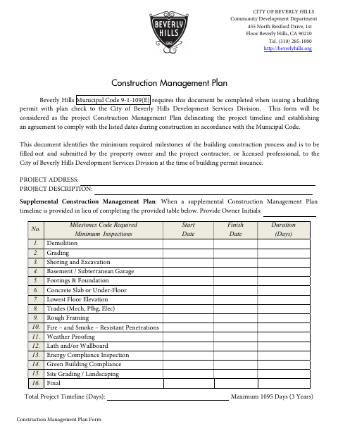 First page of the Construction Management Plan Form