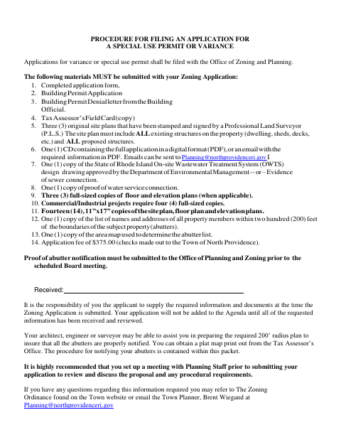 First page of the Special Use Permit or Variance Application