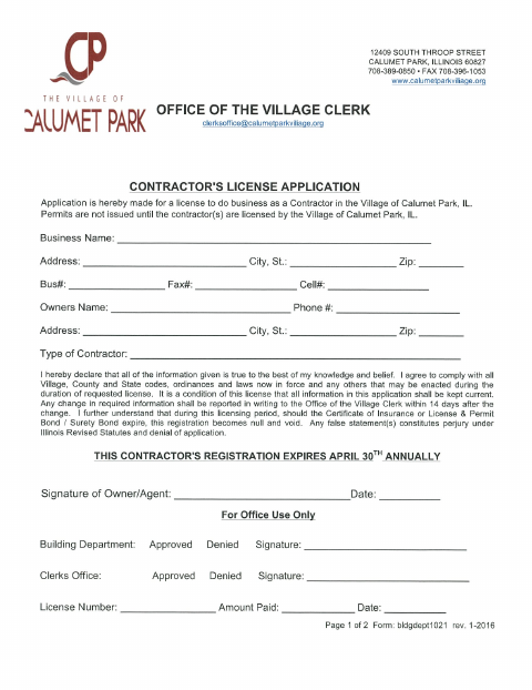 First page of the Contractor's License Application