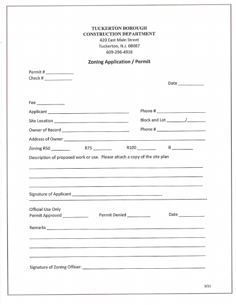 First page of the Zoning Application / Permit