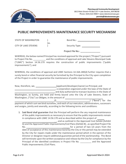 First page of the Public Improvements Maintenance Security Mechanism