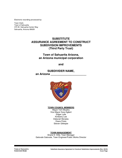 First page of the Substitute Assurance Agreement to Construct Subdivision Improvements (Third Party Trust)