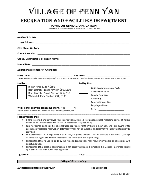 First page of the Pavilion Rental Application