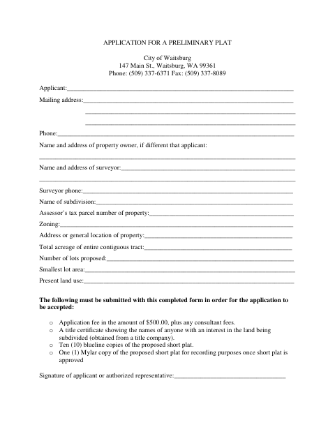 First page of the Application for a Preliminary Plat