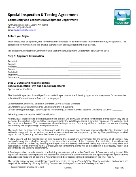 First page of the Special Inspection & Testing Agreement