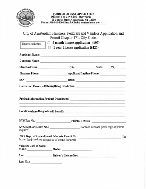 First page of the Peddler Vendor Application