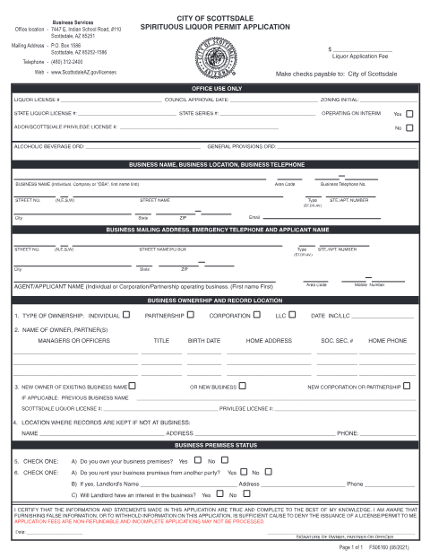 First page of the Liquor Permit Application