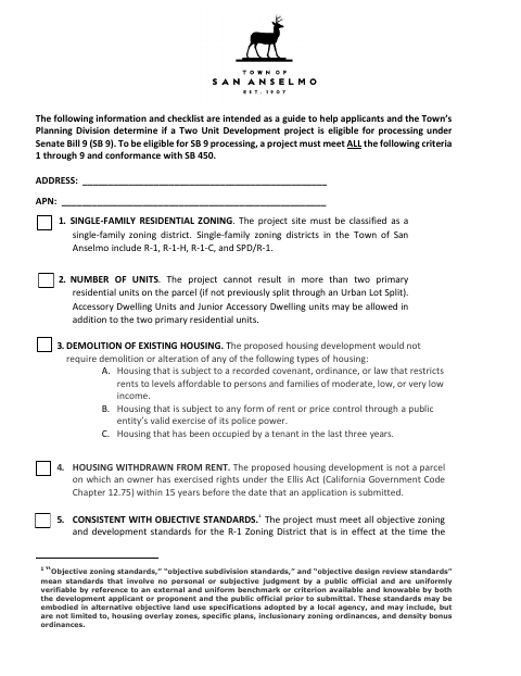 First page of the SB 9 Eligibility Checklist – Two-Unit Developments (Form With Hold Harmless)
