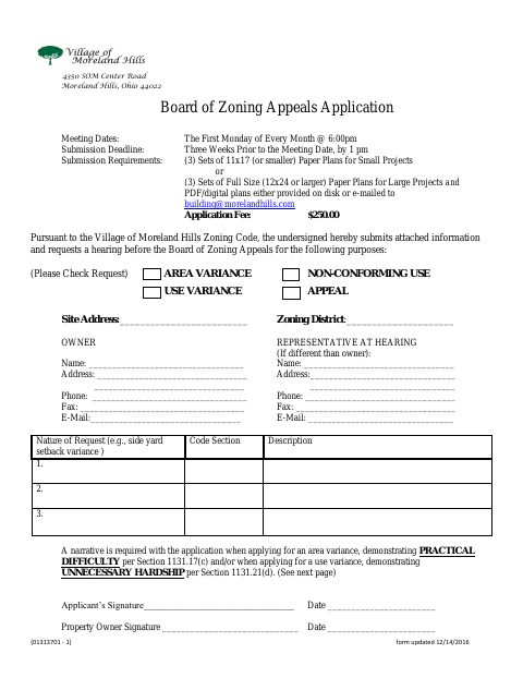 First page of the Board of Zoning Appeals Application