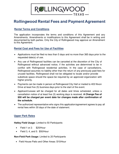 First page of the Rental Fees and Payment Agreement