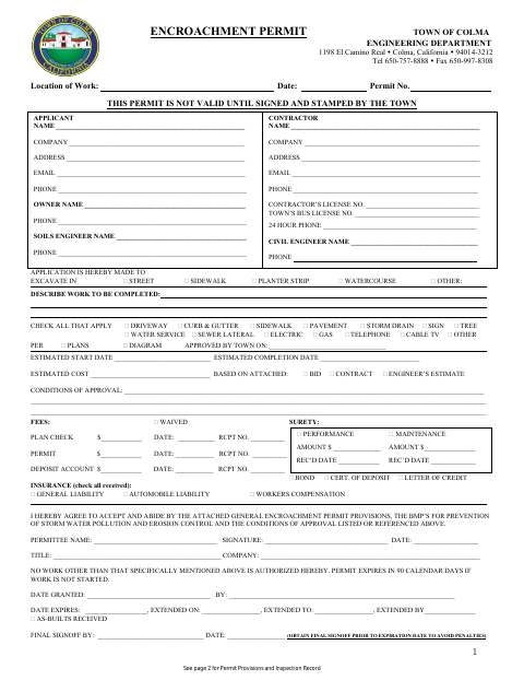 First page of the Encroachment Permit Application