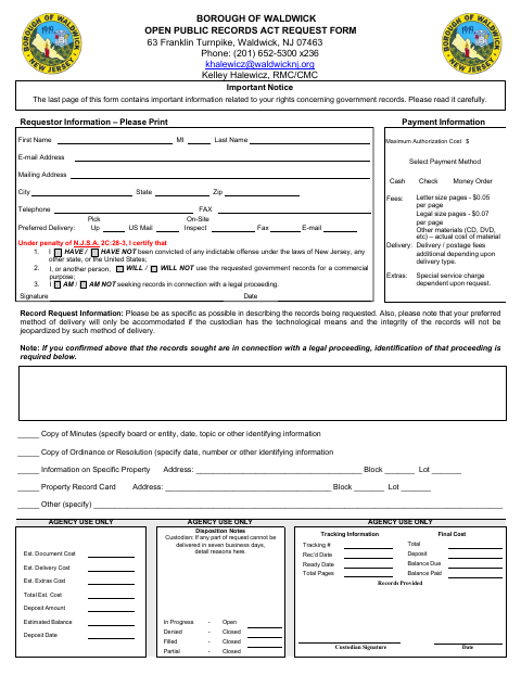 First page of the Open Public Records Act Request Form