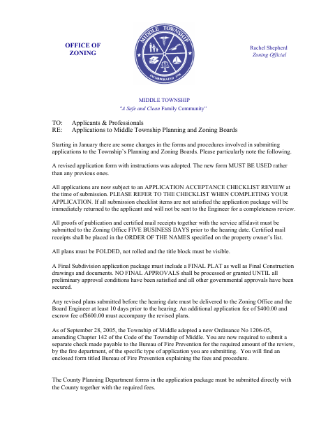 First page of the Zoning Board Application