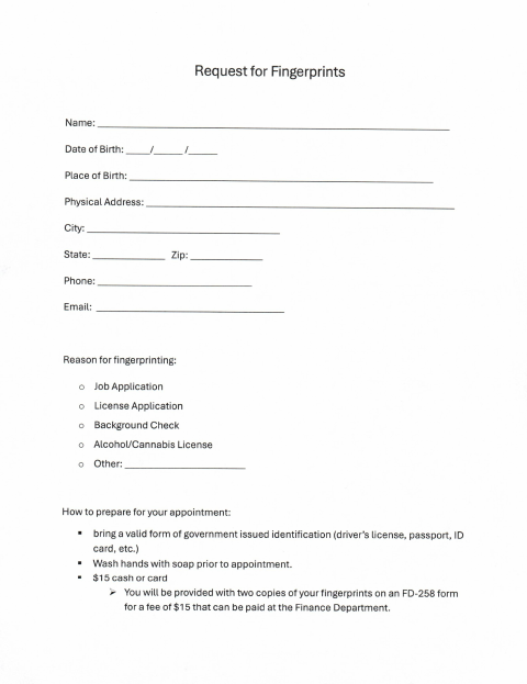 First page of the Request for Fingerprints