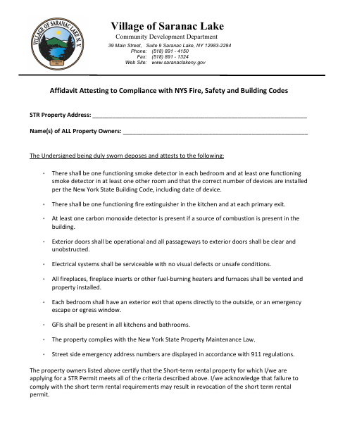 First page of the Short-Term Rental Safety Compliance Affidavit