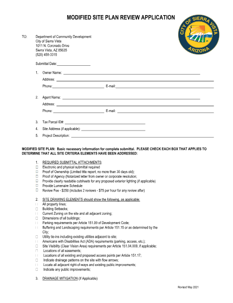 First page of the Modified Site Plan Review Application