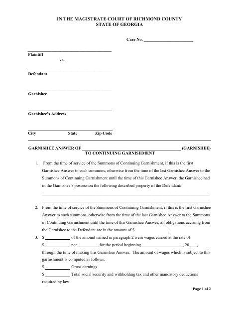 First page of the Garnishee Answer to Continuing Garnishment