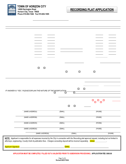 First page of the Recording Plat Approval Application