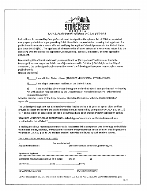 First page of the S.A.V.E. Public Benefit Affidavit