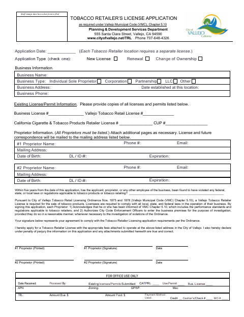 First page of the Tobacco Retailer’s License Application