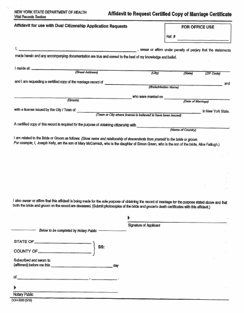 First page of the Affidavit to Request Certified Copy of Marriage Certificate for Dual Citizenship