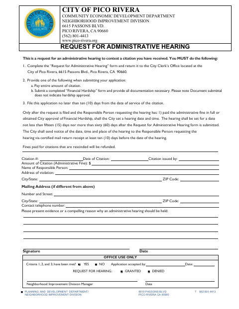 First page of the Request For Administrative Hearing