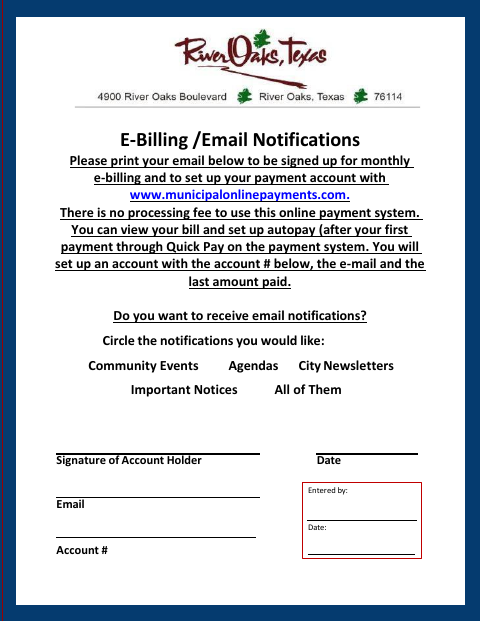 First page of the E-Billing / Email Notifications
