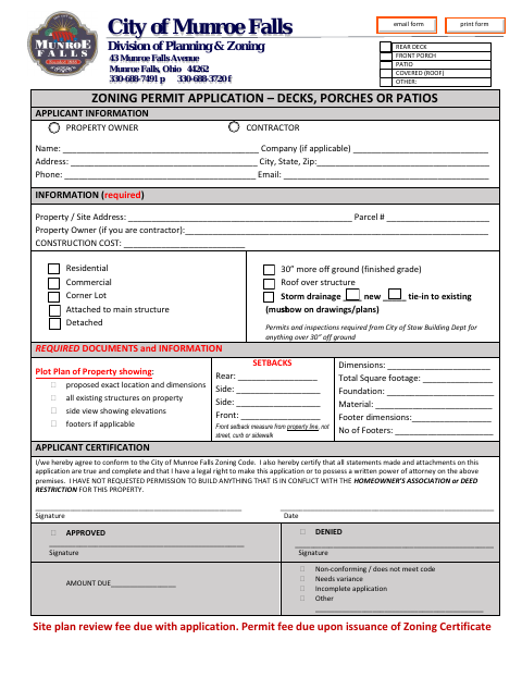First page of the Zoning Permit Application – Decks, Porches or Patios