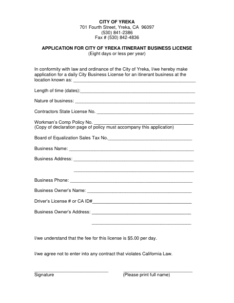 First page of the Application for Itinerant Business License
