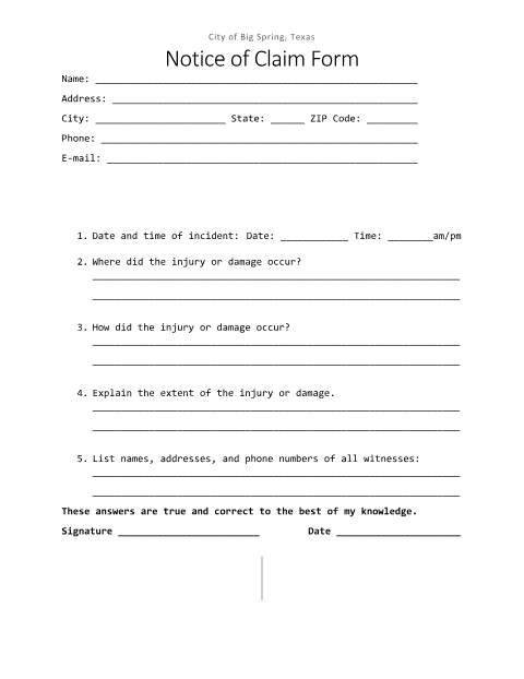 First page of the Notice of Claim Form for Injury or Damages