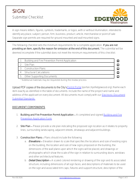First page of the Sign Submittal Checklist