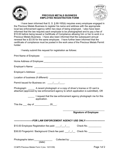 First page of the Precious Metals Business Employee Registration Form