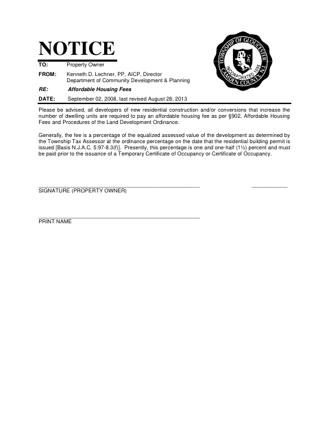 First page of the Affordable Housing Fees