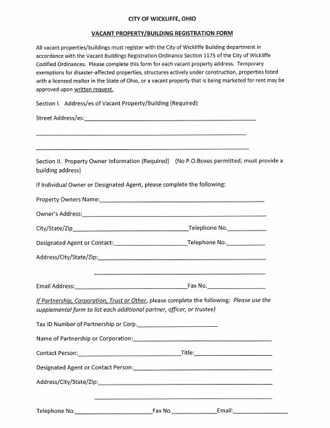 First page of the Vacant Property/Building Registration Form
