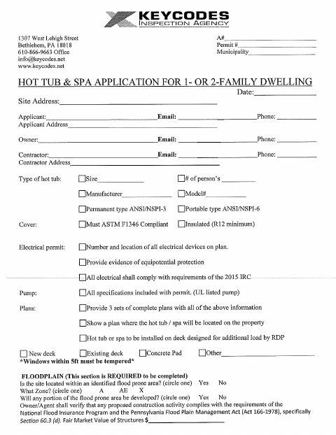 First page of the Hot Tub & Spa Application