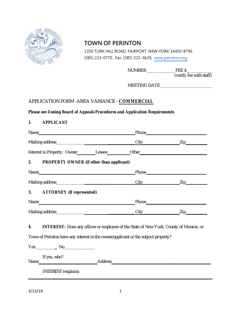 First page of the Commercial Area Variance Application